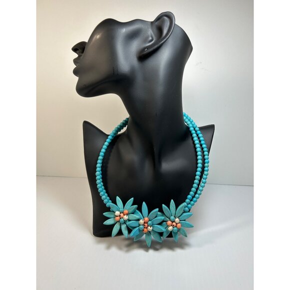 VTG Turquoise Blue Chocker Style Beaded Necklace Flowers Multi Strand Costume - Picture 1 of 8